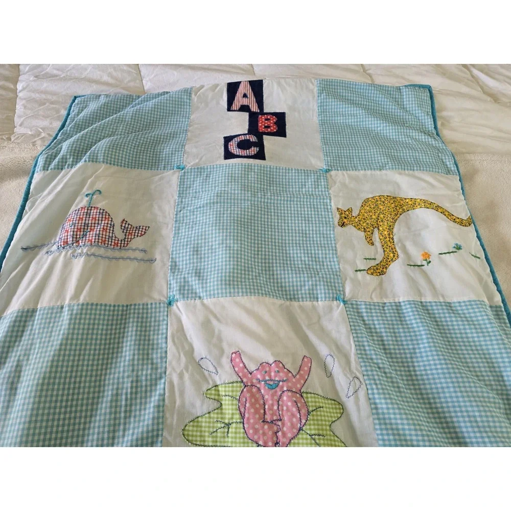 Vintage Handmade Baby Quilt ABC Animal Applique Gingham Nursery Crib Lap Blanket